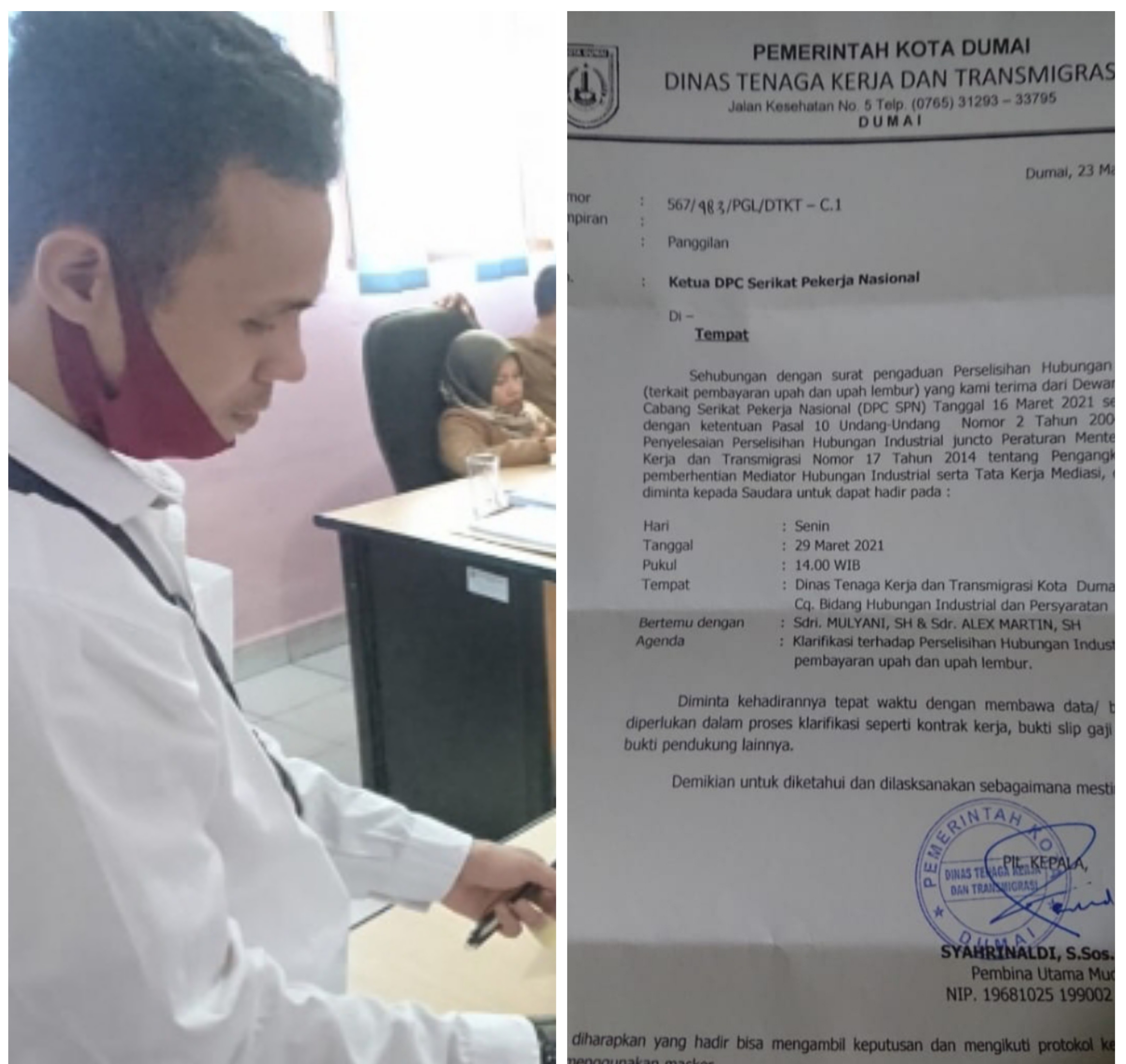 Disnakertrans Dumai Agendakan Pertemuan Dengan DPC SPN Terkait PT Tracon