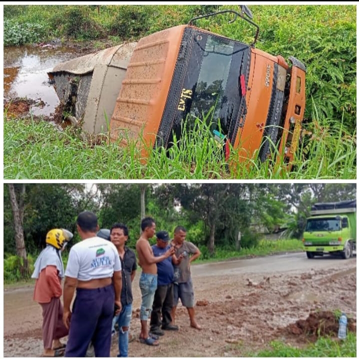 Truk Tangki CV Teman Setia Muatan PKO Terjun Bebas Ke Parit