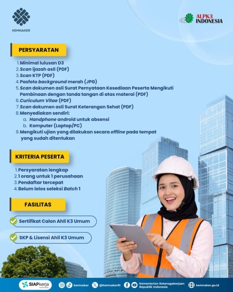 Siap-siap..! Kemnaker Buka Lagi Pembinaan K3 Gratis untuk 2.100 Peserta