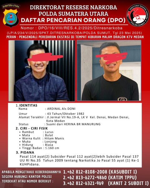Polda Sumut Terbitkan DPO Terhadap Pemilik Dragon KTV Medan Terkait Peredaran Ekstasi