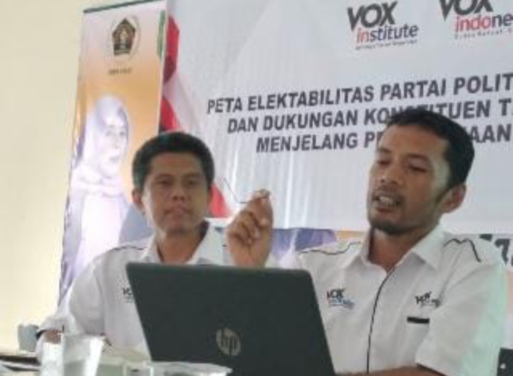 Direktur Riset 'VOXinstitute' Albion Zikra Didampingi Direktur Eksekutif Fendri Jaswir Paparkan Hasil Survei Tentang Elektabilitas Parpol di Provinsi Riau