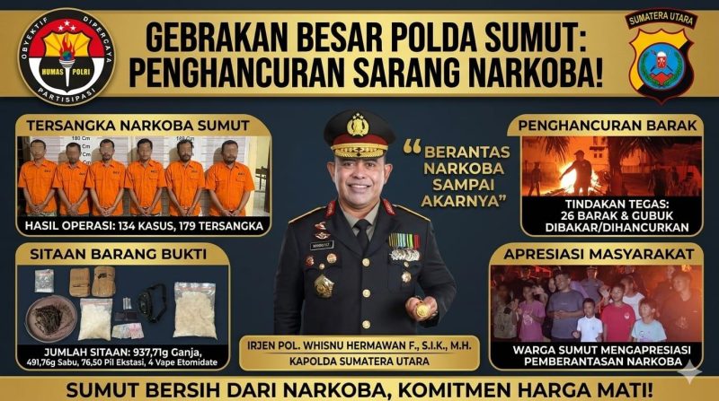 Dalam 72 Jam, Polda Sumut Gempur Sarang Narkoba : 134 Kasus Terbongkar, 26 Barak Dimusnahkan