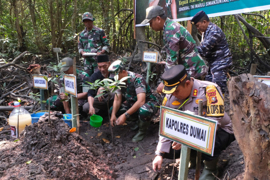 Lestarikan Alam, Dandim 0320/Dumai Bersama Danrem 031/WB dan Masyarakat Tanam Pohon Mangrove