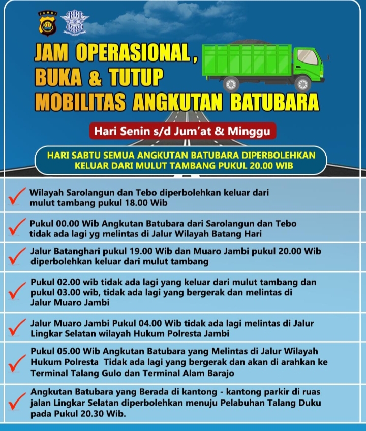 Ditlantas Polda Jambi Terapkan Jam Operasional Buka Tutup Mobilitas Angkutan Batubara