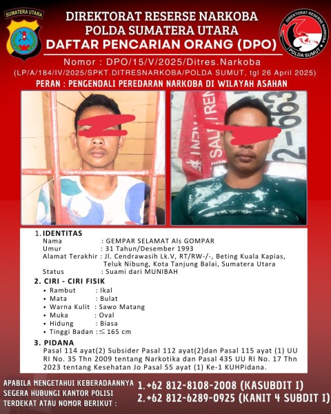 Polda Sumut Tetapkan Gempar Selamat Alias Gompar sebagai Tersangka Narkotika, Kini Buron dan Masuk DPO